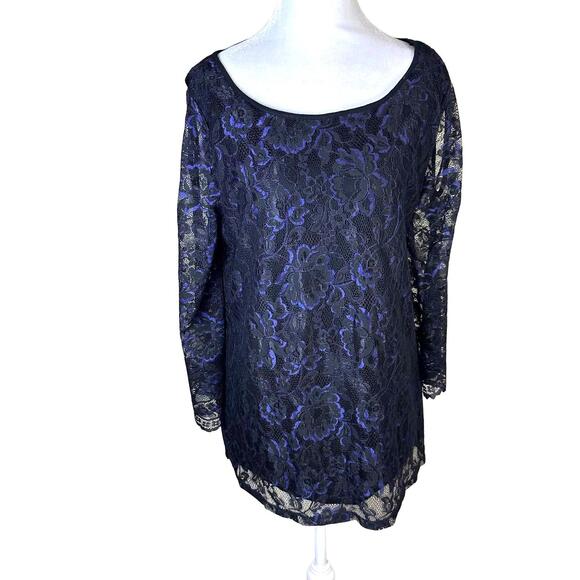 Neiman Marcus black sheer lace top purple floral accents whimsigoth witchy xl - Picture 1 of 8